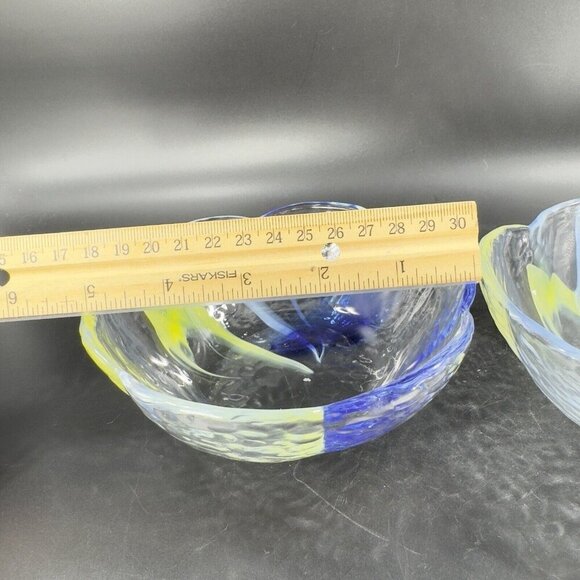 Vintage Aderia Glass Bowl Set 2 Made In Japan Clear Blue Yellow Swirls Ruffled - Picture 5 of 16